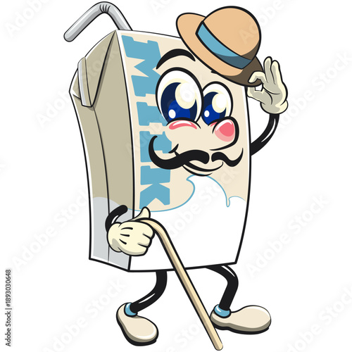 cute milk carton mascot character with straw carrying a stick and saluting with raised hat, isolated vector illustration, work of hand drawn