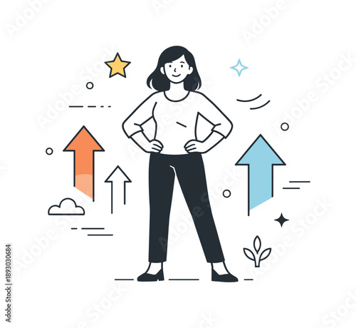 Confident Momentum. Empowerment. A confident character standing upright with open posture, surrounded by subtle upward arrows and abstract shapes. The scene