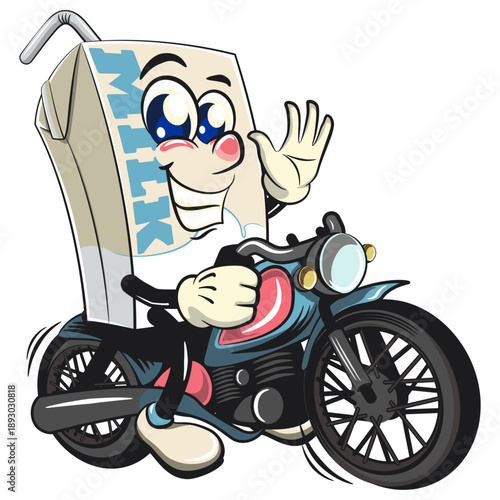 cute milk carton mascot character with straw riding a big motorcycle with smiling, isolated vector illustration, work of hand drawn