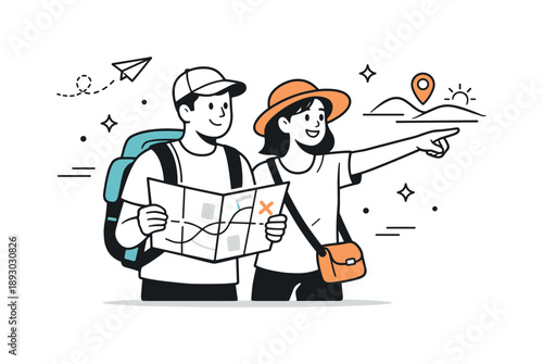 Navigating Forward Together. Tourist navigation. A person holding a map while another points toward the distance. Sense of direction, teamwork, and confident