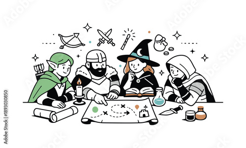 Fantasy Game Planning. Fantasy role-playing game scene. A group of heroes calmly planning around a table with scrolls, potions, and simple icons of magic.