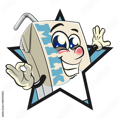 cute milk carton mascot character with straw out from of a star by giving an OK sign, isolated vector illustration, work of hand drawn