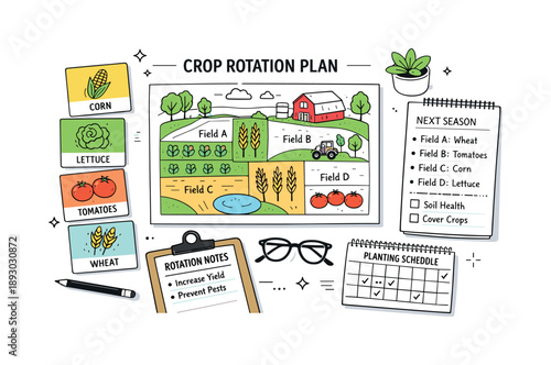 Crop Rotation Planning. Crop rotation planning. Tabletop scene with farm map, crop cards, and notes arranged neatly. Focused and organized editorial