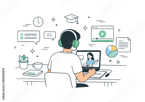 Remote Learning Focus. Remote learning flow. A calm home workspace with a person engaged in an online class, headphones on and digital interface elements