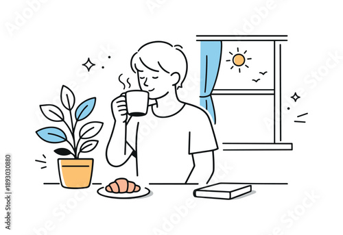 Morning Coffee Tranquility. Everyday morning routine. Person sipping coffee by the window with soft light and a plant nearby, enjoying a quiet start to the