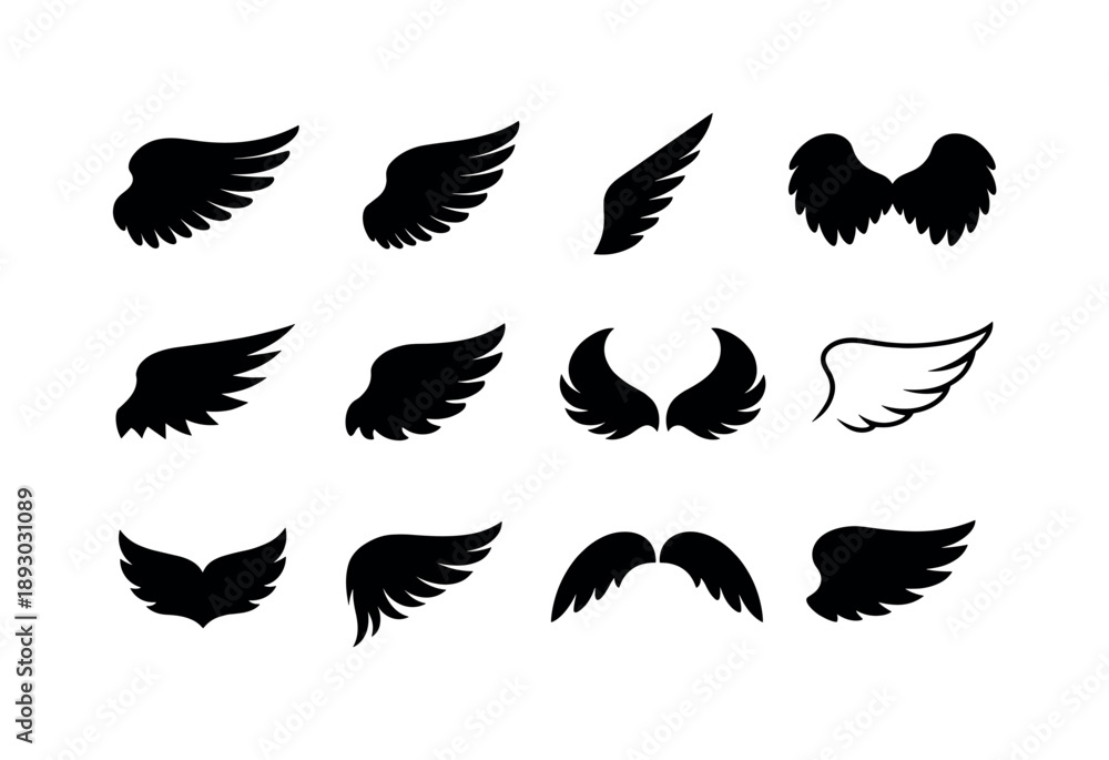 Fototapeta premium Black Angel Wings. Angel wing silhouettes. Solid icon set of angel wing silhouettes: full wing silhouette, half wing silhouette, narrow silhouette, broad