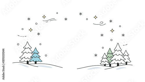 Winter Wonderland Scene. Snow and winter backdrop. Minimal scenic view with snowflakes gently falling over pine trees and snowy ground, soft winter atmosphere.