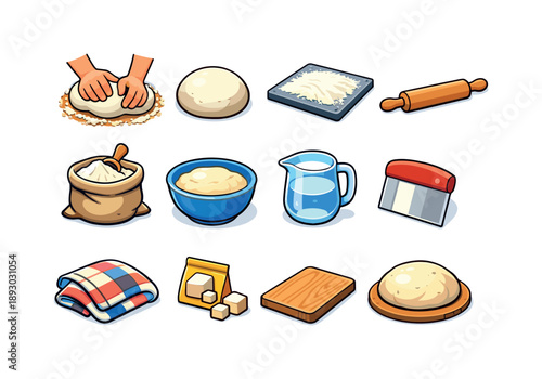 Baker's Isometric Icons. A baker kneading dough by hand on a flour-covered surface. Colorful isometric vector icons set of a baker kneading dough by hand on a