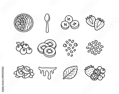 Smoothie Bowl Icons. Smoothie bowls. Line icon set of Smoothie bowls: smoothie bowl top view, spoon, sliced banana, strawberry halves, blueberry cluster, kiwi