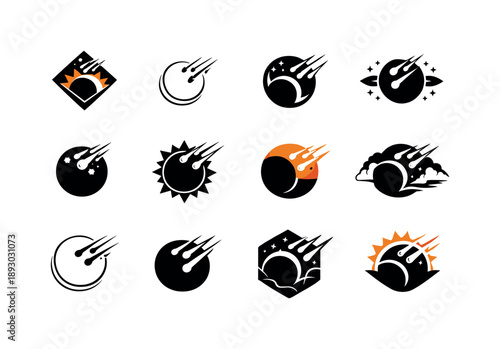 Astronomical Events Icons. Astronomical events like solar eclipses and meteor showers. Icon set. Set Logo of astronomical events like solar eclipses and meteor