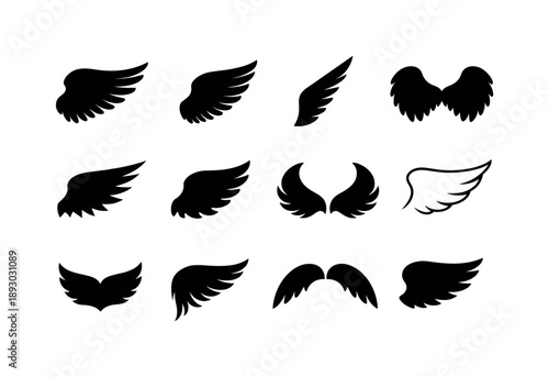 Black Angel Wings. Angel wing silhouettes. Solid icon set of angel wing silhouettes: full wing silhouette, half wing silhouette, narrow silhouette, broad