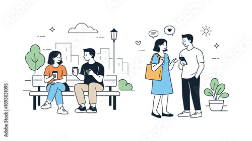 Urban Serenity Scene. Urban daily routine. City dwellers enjoying a peaceful moment outdoors, light conversation and slow pace, minimal cityscape details