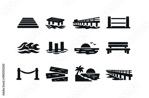 Seaside Boardwalk Icons. Seaside Boardwalk. Solid icon set of Seaside Boardwalk: wooden boardwalk, ocean dock, pier railing, surf waves, dock pylons, horizon
