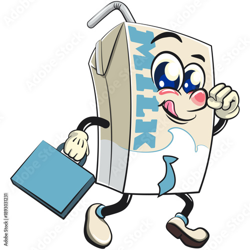 cute milk carton mascot character with straw with a suitcase rushing to the office, isolated vector illustration, work of hand drawn