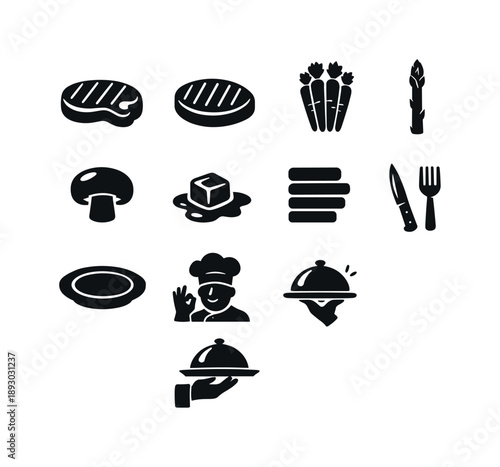 Steakhouse Icons Collection. Steakhouse Plate. Solid icon set of Steakhouse Plate: steak entree, grill lines, roasted carrots, asparagus spear, mushroom cap,