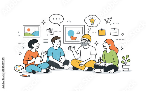 Creative Community Dialogue. Art bringing people together. A small group discussing artworks or ideas in a community space, emphasizing dialogue and