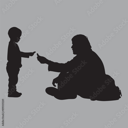 Child Giving Object to Elder – Silhouette of Respect and Care vector design art and illustration