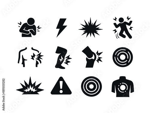 Discomfort Icons Set. Sharp body discomfort. Solid icon set of sharp body discomfort: body clutching icon, lightning strike, radiating pain, sudden jolt, sharp