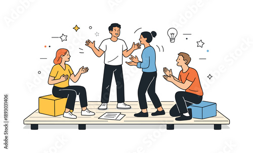 Expressive Acting Techniques. Acting techniques. A small group of actors rehearsing on a simple stage, using expressive hand gestures and body language. The