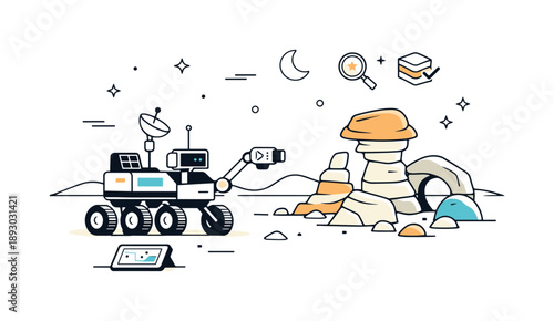Rover Exploring Alien Terrain. Planetary science mission. A space rover pauses near unusual rock formations, analyzing terrain on a remote moon. Quiet focus,