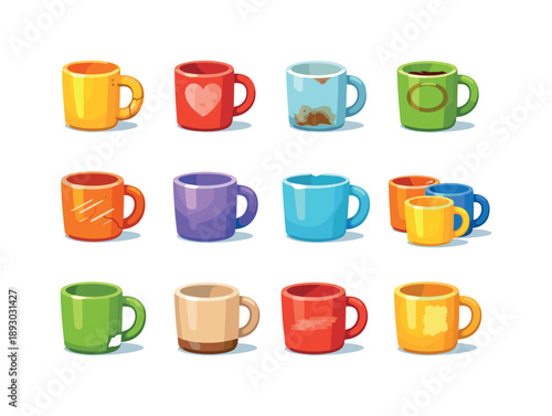 Used Mug Icons. Used mugs. Colorful flat vector icons set of used mugs: worn mug handle, faded logo mug, stained interior cup, old tea ring, scratched mug