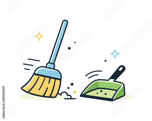 Spring Cleaning Icon. Spring cleaning flat icon. Minimal icon of a broom and dustpan in use, expressing freshness and renewal. Clean, friendly scene with