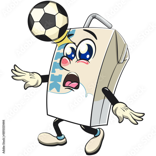 cute milk carton mascot character with straw heading a soccer or football, isolated vector illustration, work of hand drawn