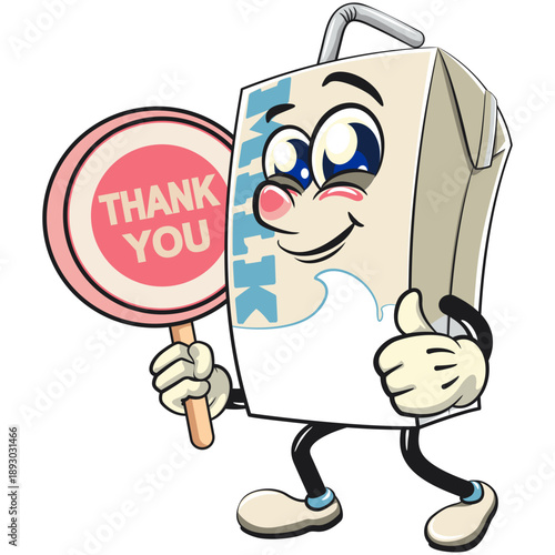 cute milk carton mascot character with straw say thank you with smiling, isolated vector illustration, work of hand drawn