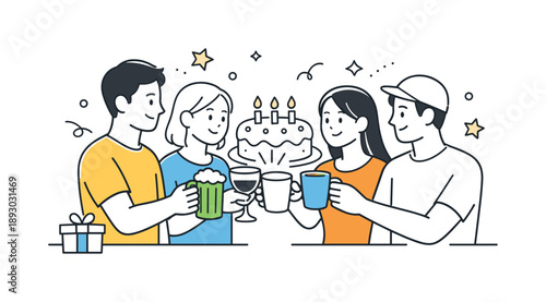 Birthday Toast Celebration. Birthday cheers. Friends raising glasses or cups in a soft toast, with a birthday cake visible in the background. Celebration,