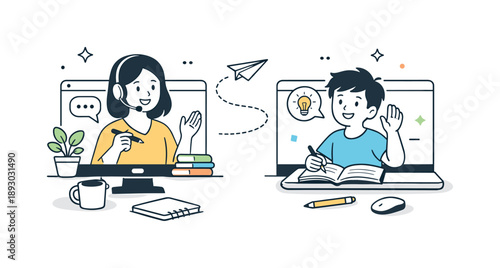 Virtual Learning Harmony. Friendly remote education moment. A smiling tutor and student interact through screens, showing connection and motivation despite