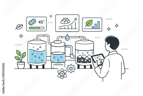 Bioleaching Technology Monitoring. Sustainable precious metal extraction. A person monitoring a modern bioleaching setup with tanks, plants, and data panels.