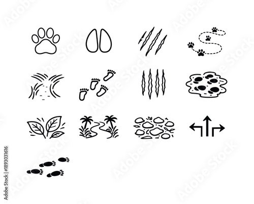 Animal Track Icons. Animal tracks and paths in forests and jungles. Line icon set of Animal tracks and paths in forests and jungles: paw print, hoof print,