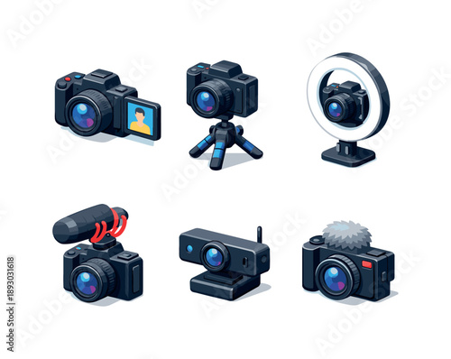 Isometric Camera Icons. Content creation. Isometric flat vector icons set of content creation: vlogging camera, camera on desktop tripod, camera with ring