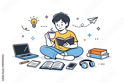 Cozy Study Session. Self education scene. A learner comfortably sitting on the floor with open books and digital devices nearby. Informal yet intentional study