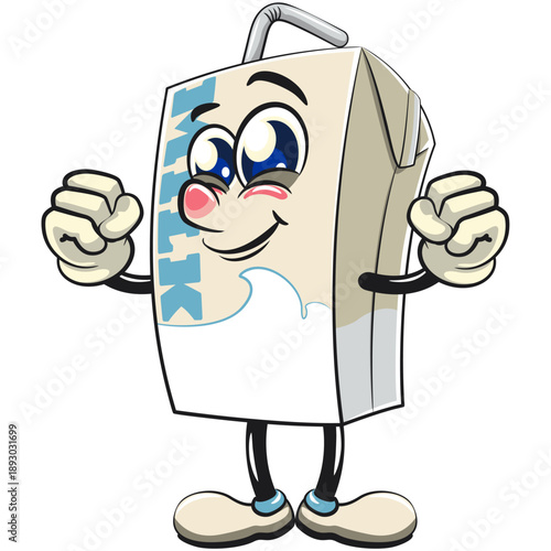 cute milk carton mascot character with straw be healthy and strong enough to become a champion with smiling, isolated vector illustration, work of hand drawn