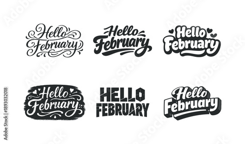 February Lettering Variations. Hello February. Set lettering. harmonious lettering variations of the same emblematic concept, each with different artistic