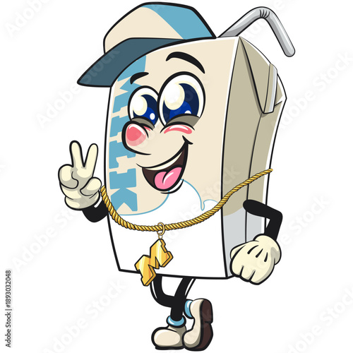 cute milk carton mascot character with straw wearing a hip-hop style hat and wearing a sparkling gold necklace, isolated vector illustration, work of hand drawn