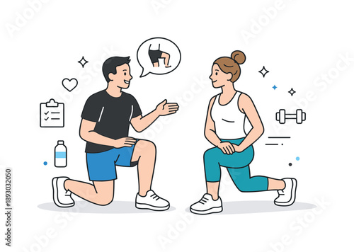 Personal Trainer Coaching. Personal trainer coaching. Trainer demonstrating a simple movement while the client follows attentively. Clear instruction and safe