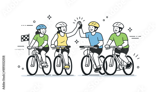 Cycling Group Finished. Bike riding group finish. Group slowing down and smiling after a ride. Sense of achievement and positive shared experience. Minimalist