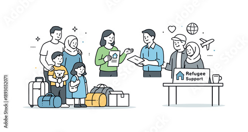 Supportive Refugee Resettlement. Refugee resettlement support. Families stand together with basic belongings as helpers provide information and assistance,