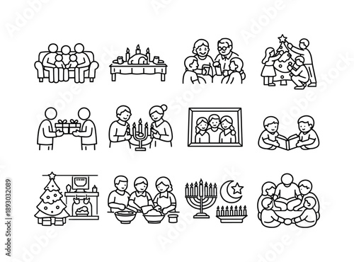Holiday Family Traditions Icons. Sharing Family Traditions During Holidays. Line icon set of Sharing Family Traditions During Holidays: family gathering at