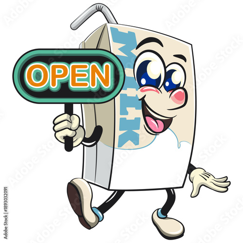 cute milk carton mascot character with straw showing a sign that says open, isolated vector illustration, work of hand drawn