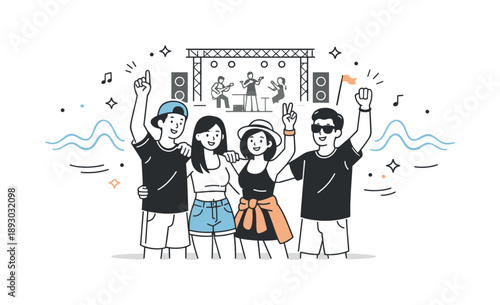 Festival Friends Unite. Friends at music festival. Group of friends standing together near a stage, relaxed poses with raised hands and soft sound waves