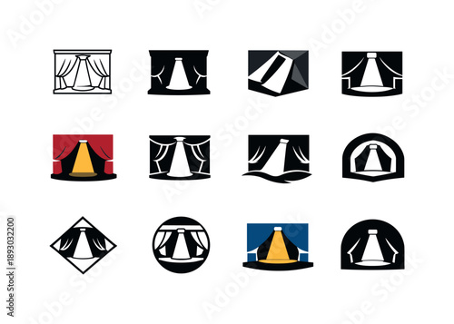 Harmonious Theater Icons. Theater performance. Icon set. Set Logo of theater performance: stage with spotlight. harmonious logo variations of the