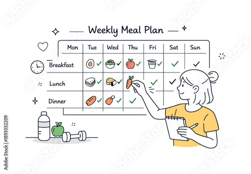 Meal Prep Planner. Healthy meal planning chart. A character organizing meals on a weekly chart with small food icons and checkmarks. Feeling of preparation,