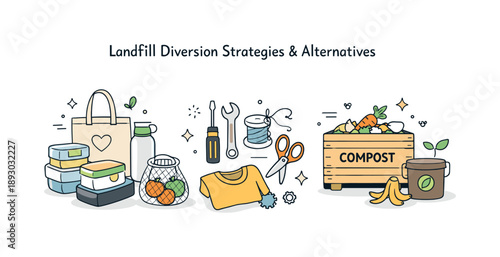 Sustainable Waste Solutions. Landfill diversion strategies and alternatives. A balanced scene showing reusable packaging, repair tools, and compost bins