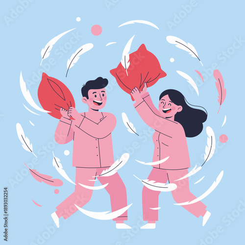 Valentine's day flat illustration of a joyful couple laughing while holding a large red pillow in a playful fight with flying feathers, vector asset.