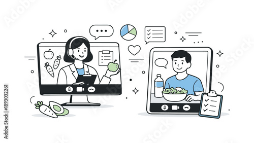 Virtual Nutrition Consultation. Nutrition consultation online. Remote consultation with nutritionist and client on video call screens. Digital care and