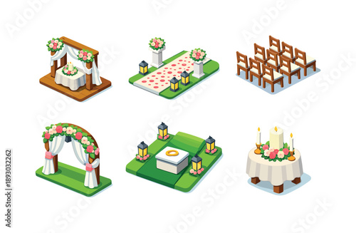 Ceremony Icons Grid. Ceremony Setup. Isometric flat vector icons set of Ceremony Setup: decorated altar, wedding aisle with petals, guest seating rows, floral