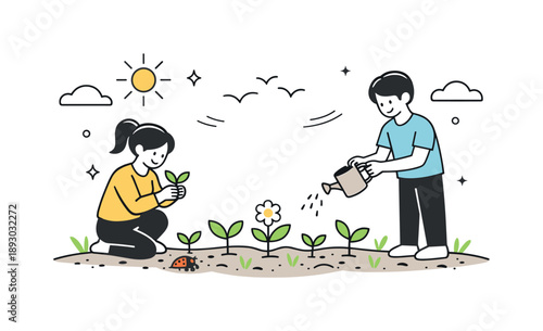 Spring Awakening Scene. After winter renewal. Bare ground slowly giving way to fresh leaves and sprouts. The scene feels hopeful, gentle, and naturally